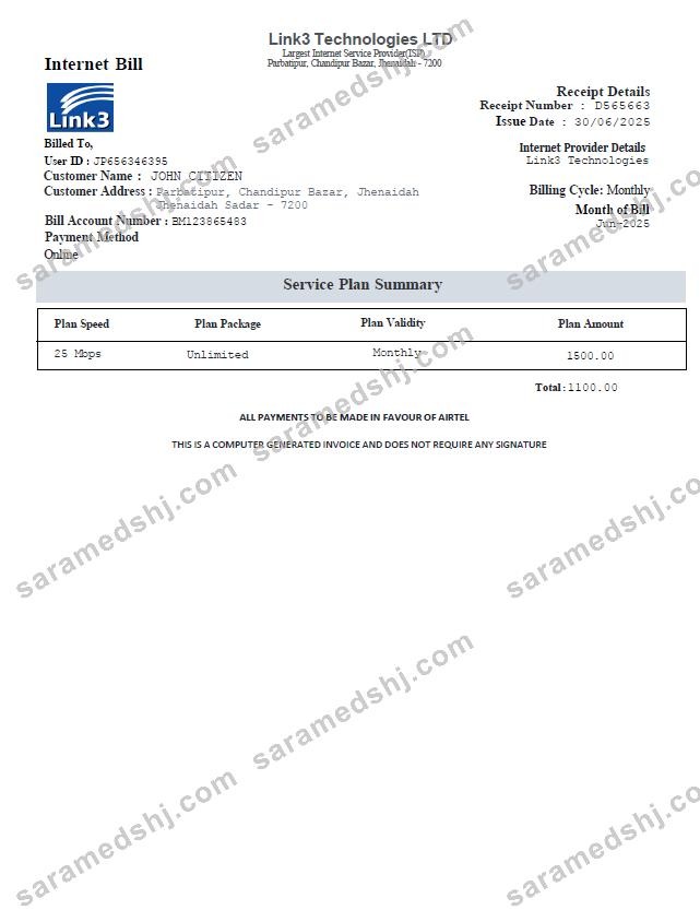 Bangladesh Link3 Technologies LTD utlity bill template in Word and PDF formats